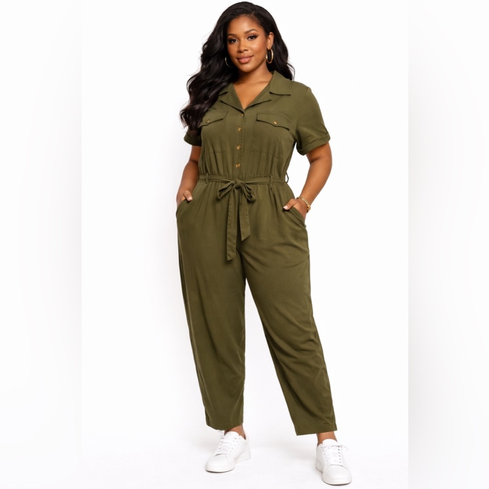 A.N.A A NEW APPROACH Olive Green Short Sleeve Tie Waist Wide Leg Jumpsuit 3X